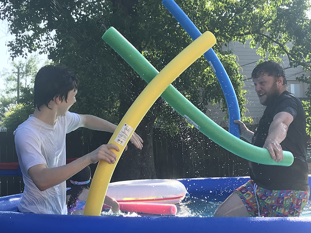 Andre and Charlotte in the pool then Andre and Arnaud fighting in the pool)